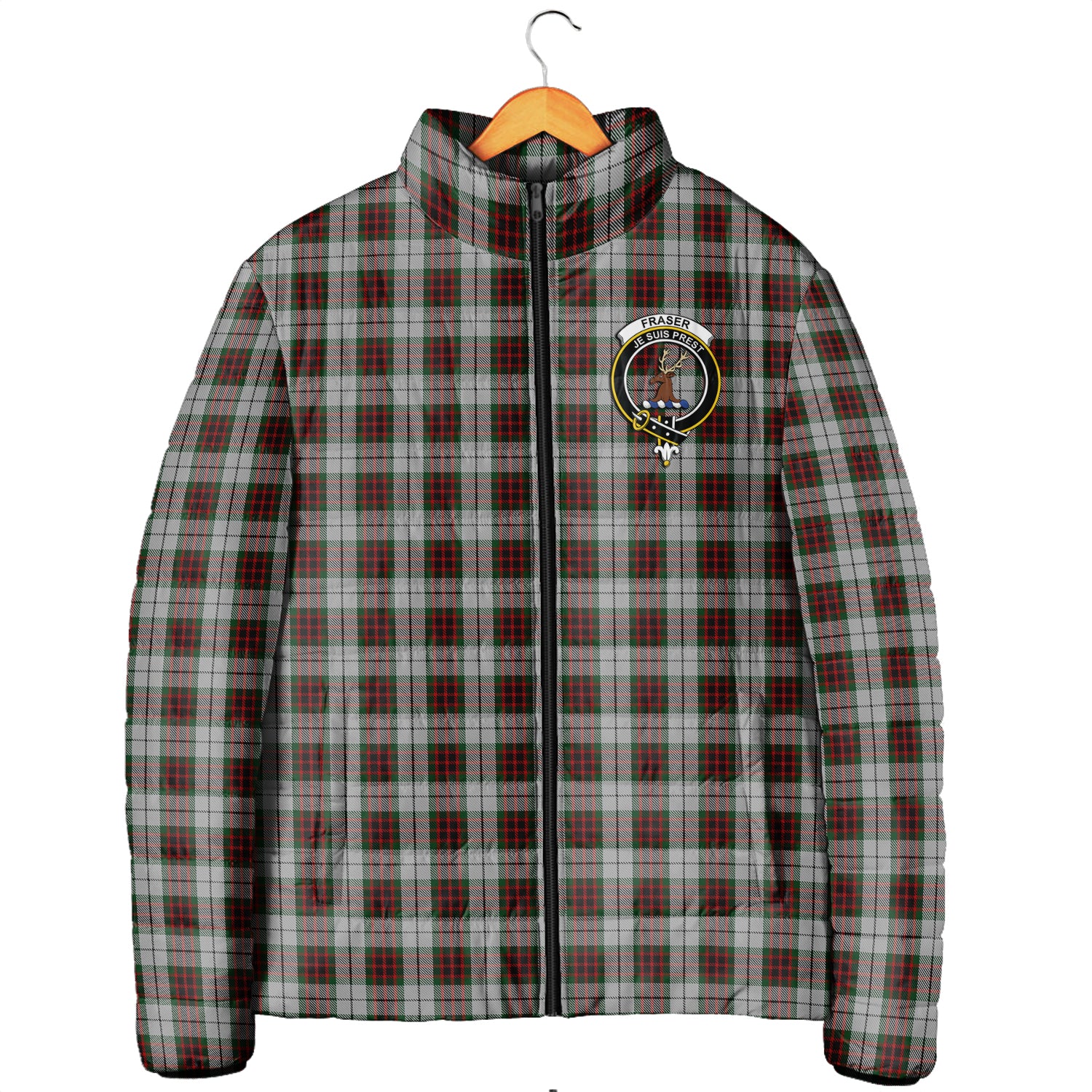 Fraser Dress Tartan Padded Jacket with Family Crest Men's Padded Jacket - Tartan Vibes Clothing