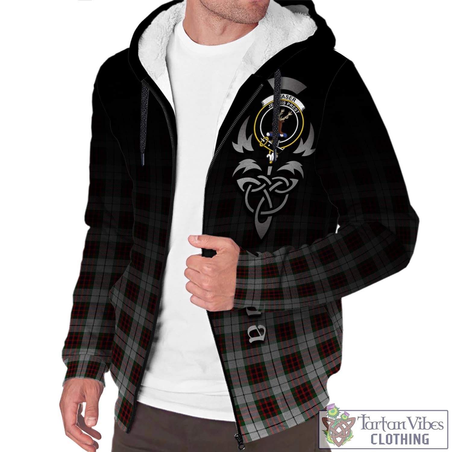 Tartan Vibes Clothing Fraser Dress Tartan Sherpa Hoodie Featuring Alba Gu Brath Family Crest Celtic Inspired