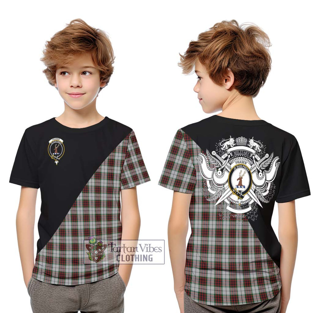 Fraser Dress Tartan Kid T-Shirt with Family Crest and Military Logo Style Youth XL Size14 - Tartanvibesclothing Shop