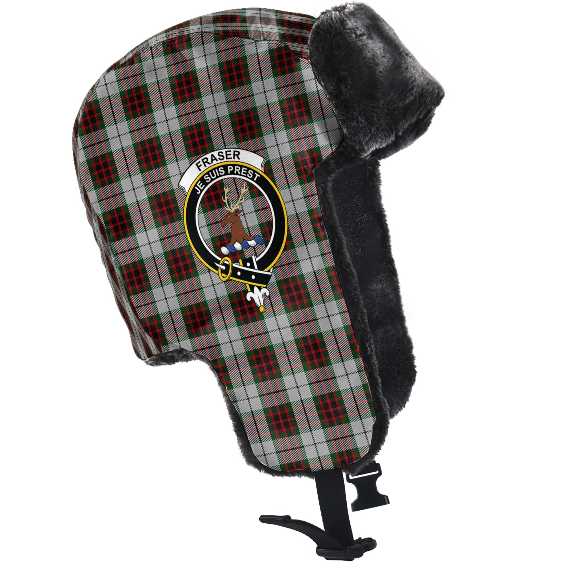 Fraser Dress Tartan Winter Trapper Hat with Family Crest - Tartanvibesclothing