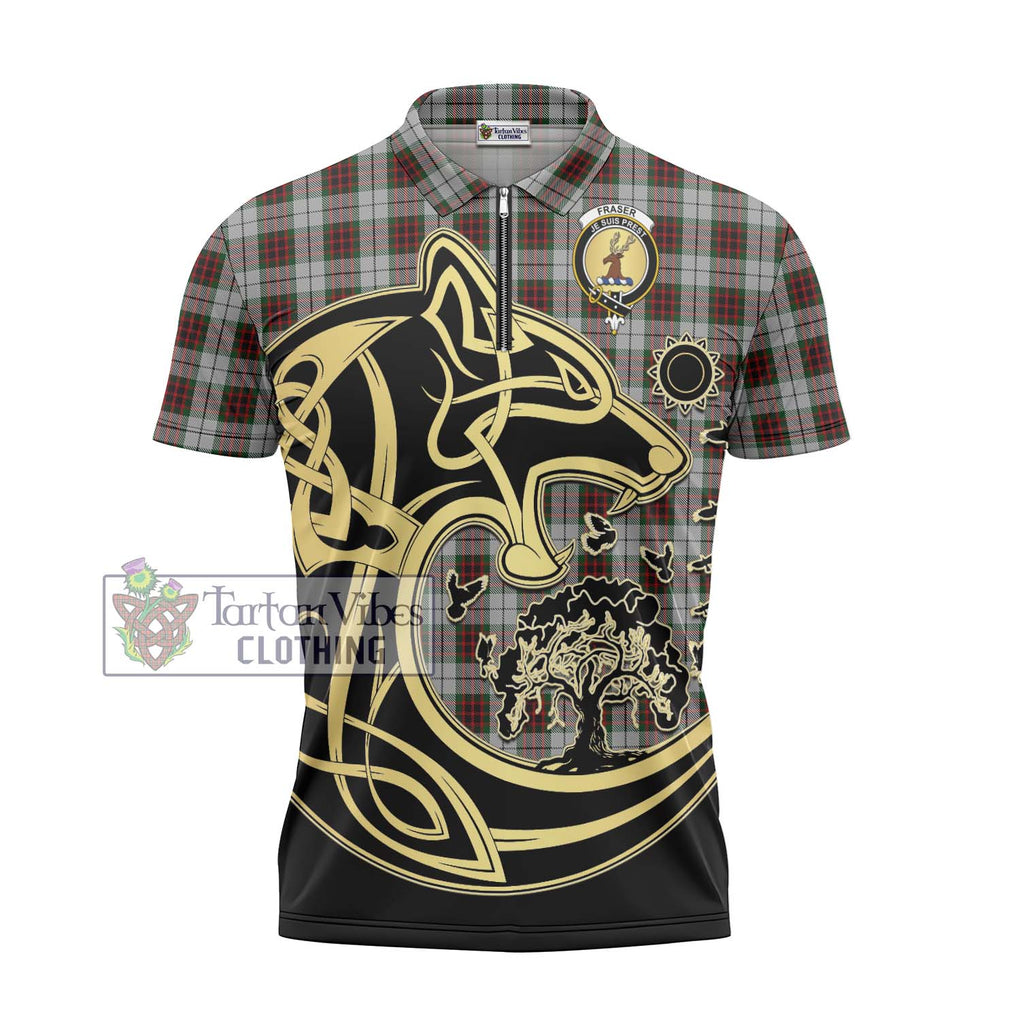 Fraser Dress Tartan Zipper Polo Shirt with Family Crest Celtic Wolf Style - Tartanvibesclothing Shop