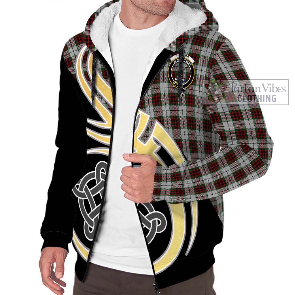 Fraser Dress Tartan Sherpa Hoodie with Family Crest and Celtic Symbol Style - Tartan Vibes Clothing