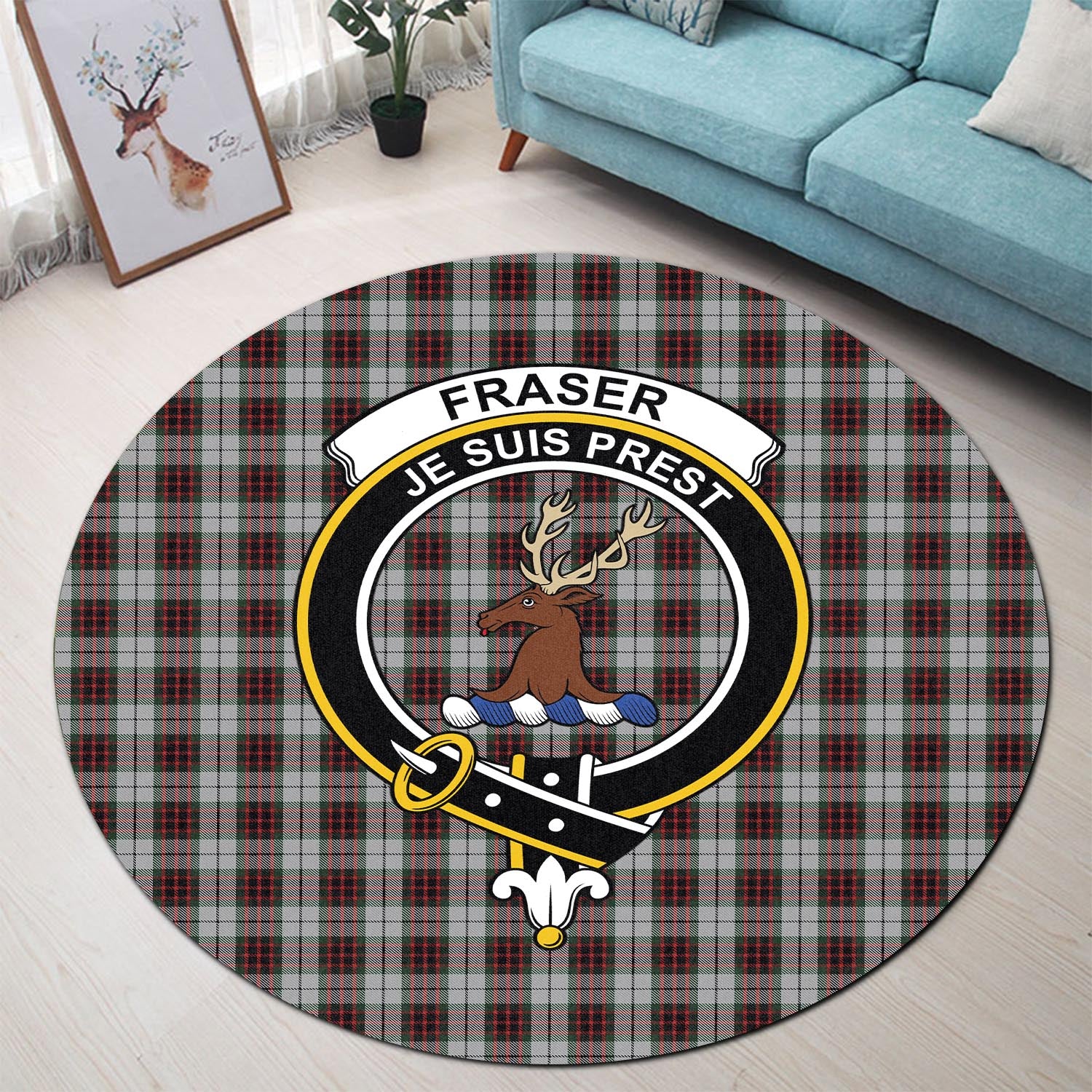 Fraser Dress Tartan Round Rug with Family Crest - Tartanvibesclothing