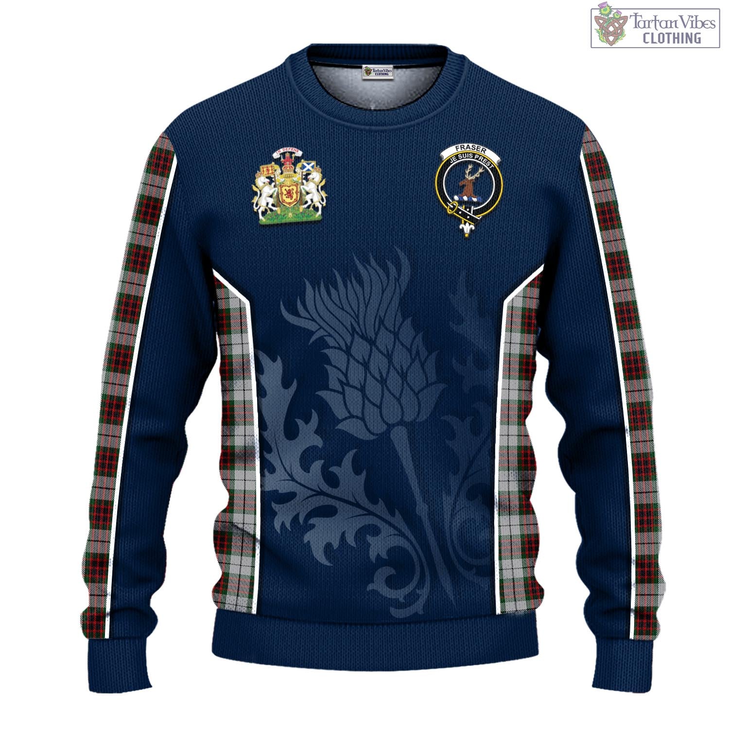 Tartan Vibes Clothing Fraser Dress Tartan Knitted Sweatshirt with Family Crest and Scottish Thistle Vibes Sport Style