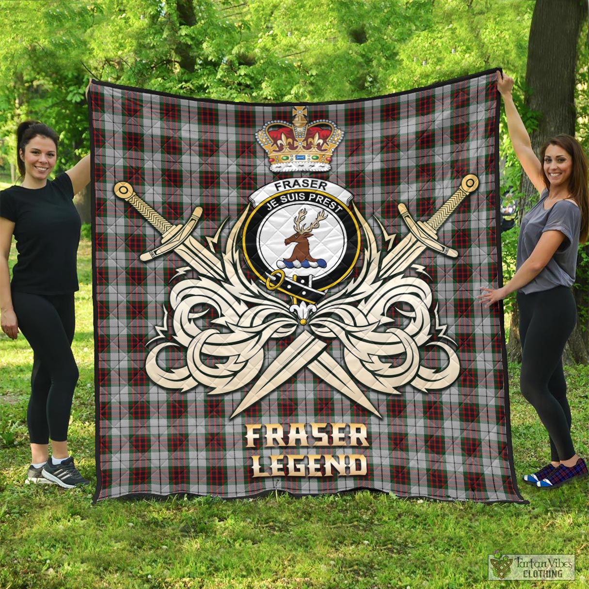 Tartan Vibes Clothing Fraser Dress Tartan Quilt with Clan Crest and the Golden Sword of Courageous Legacy