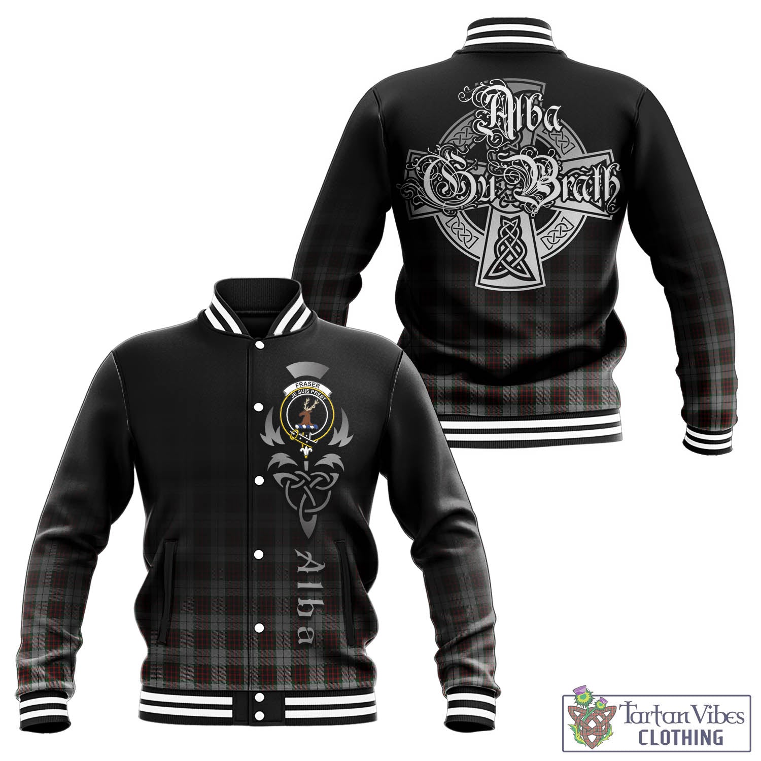 Tartan Vibes Clothing Fraser Dress Tartan Baseball Jacket Featuring Alba Gu Brath Family Crest Celtic Inspired