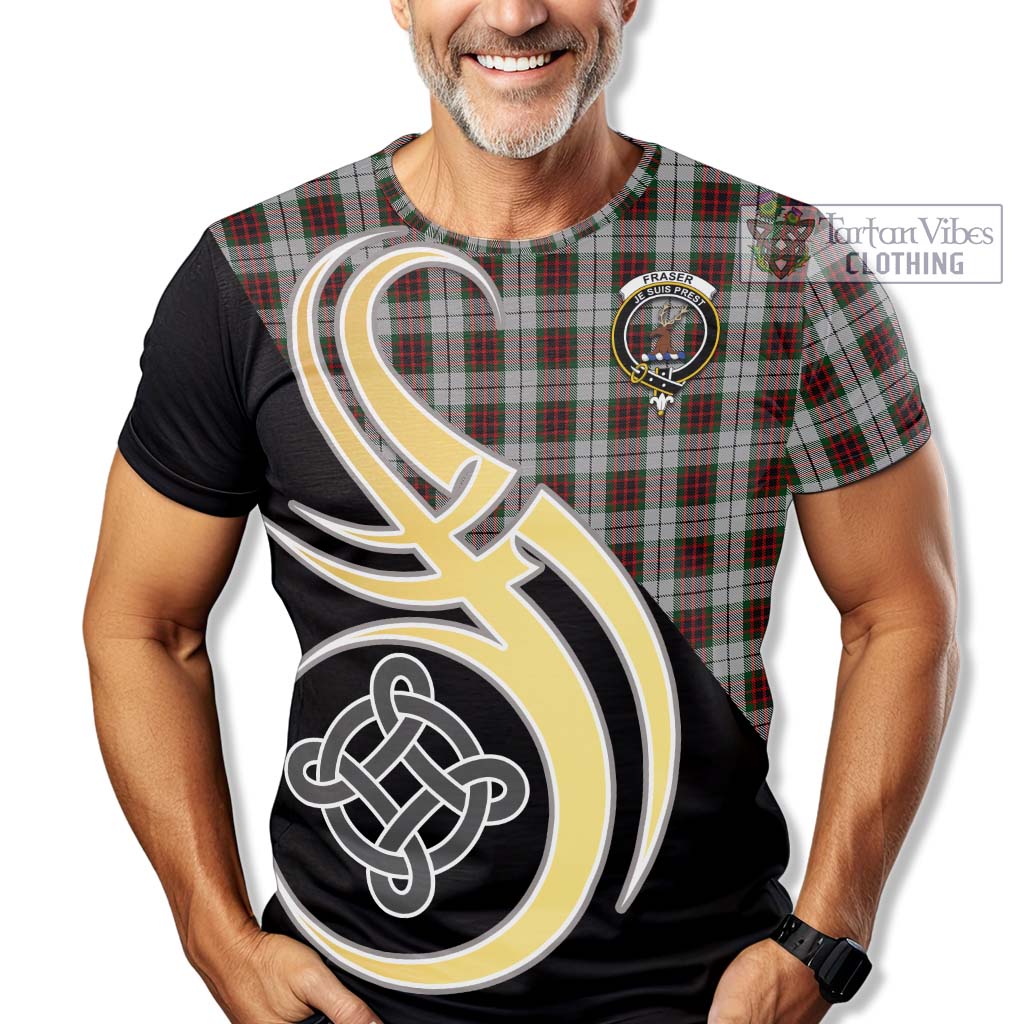 Tartan Vibes Clothing Fraser Dress Tartan T-Shirt with Family Crest and Celtic Symbol Style