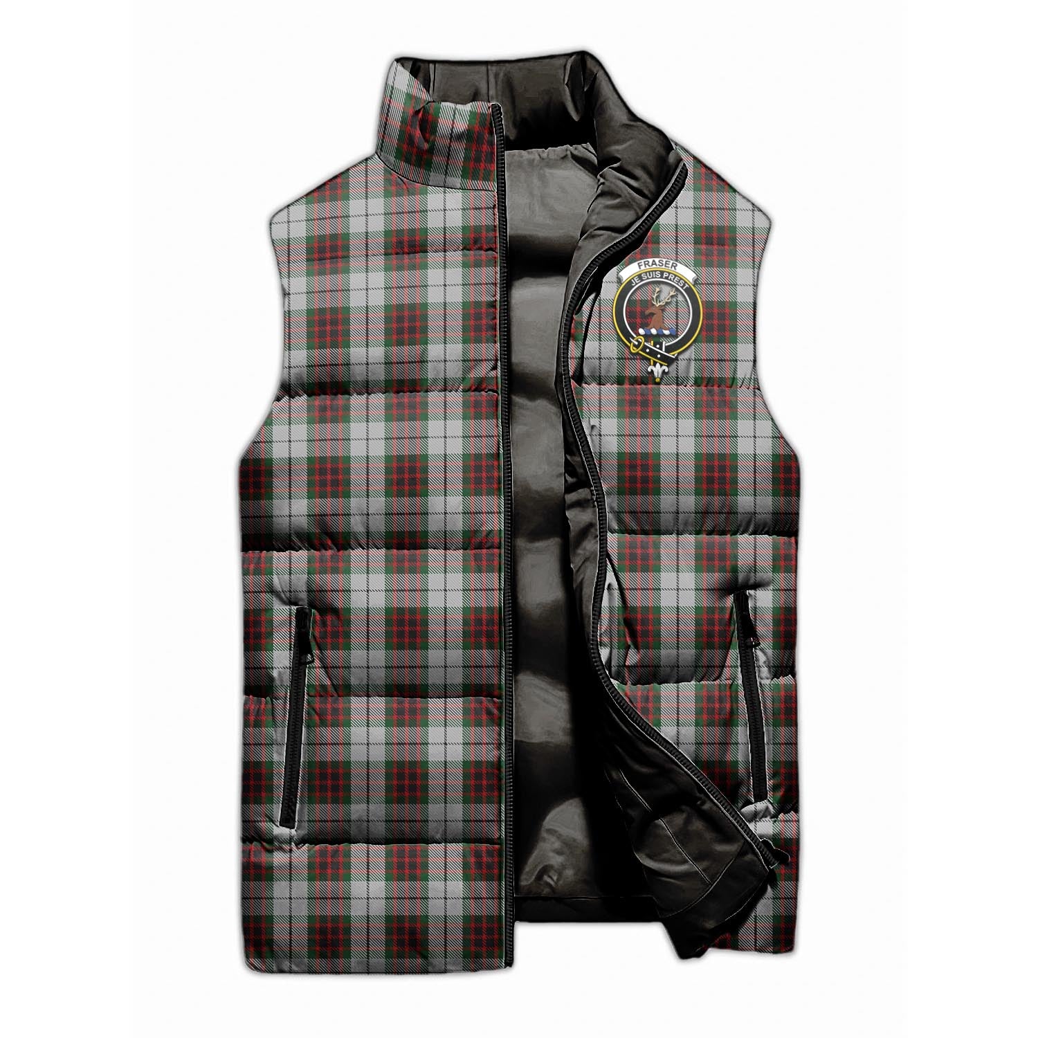 Fraser Dress Tartan Sleeveless Puffer Jacket with Family Crest - Tartanvibesclothing