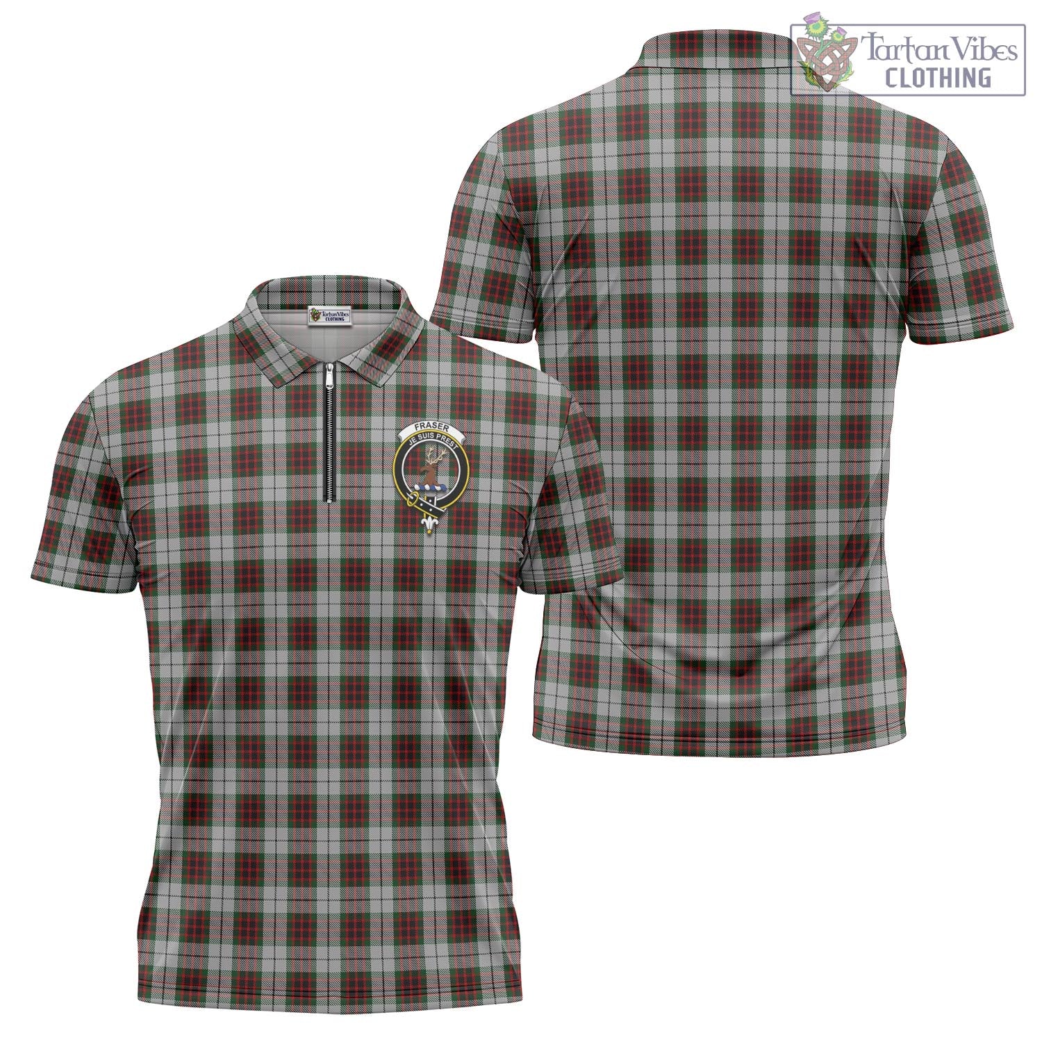 Tartan Vibes Clothing Fraser Dress Tartan Zipper Polo Shirt with Family Crest