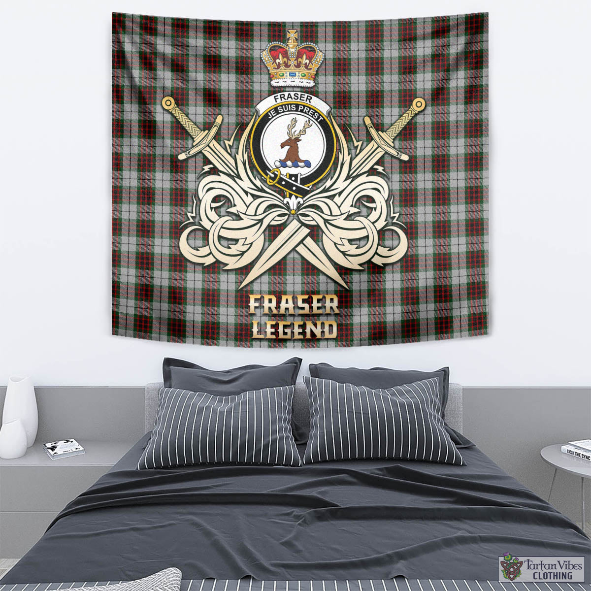 Tartan Vibes Clothing Fraser Dress Tartan Tapestry with Clan Crest and the Golden Sword of Courageous Legacy