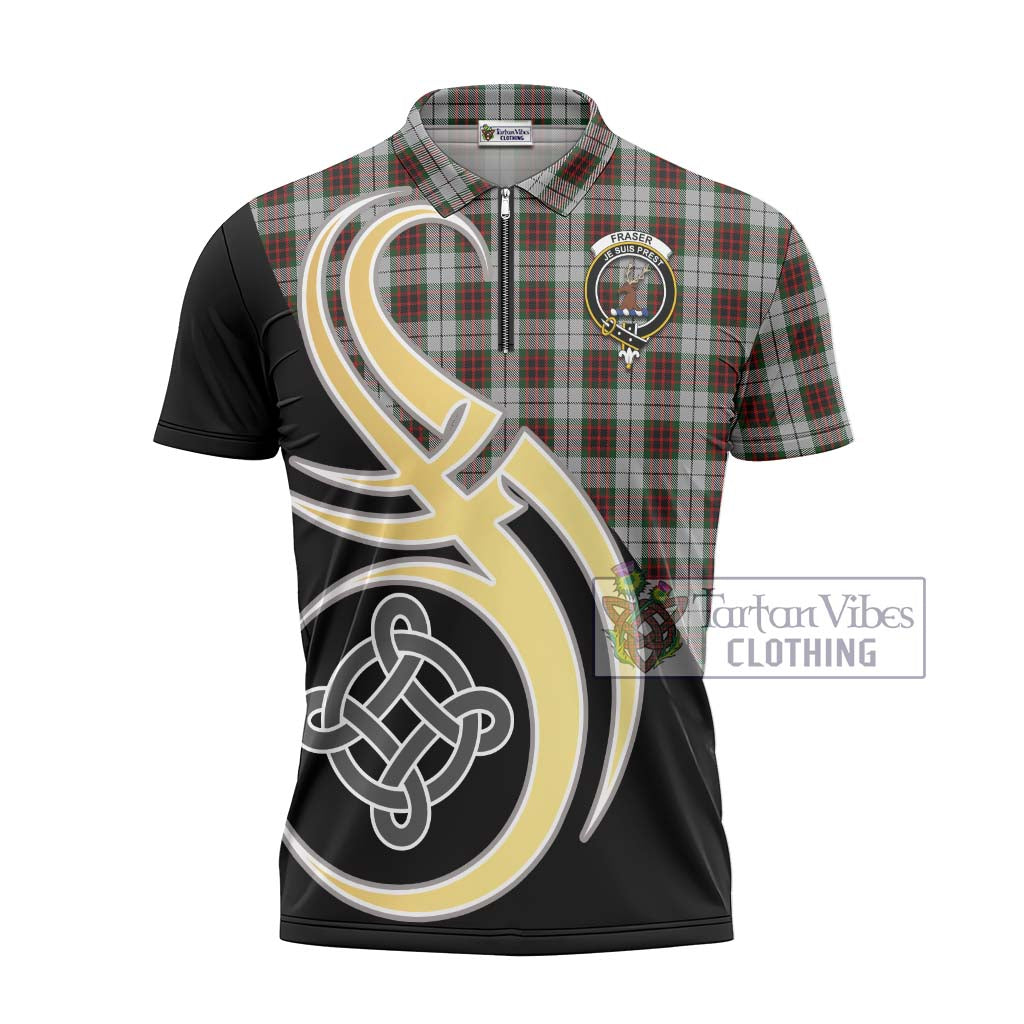 Tartan Vibes Clothing Fraser Dress Tartan Zipper Polo Shirt with Family Crest and Celtic Symbol Style