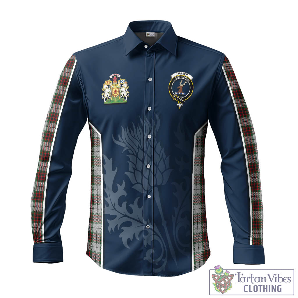 Tartan Vibes Clothing Fraser Dress Tartan Long Sleeve Button Up Shirt with Family Crest and Scottish Thistle Vibes Sport Style