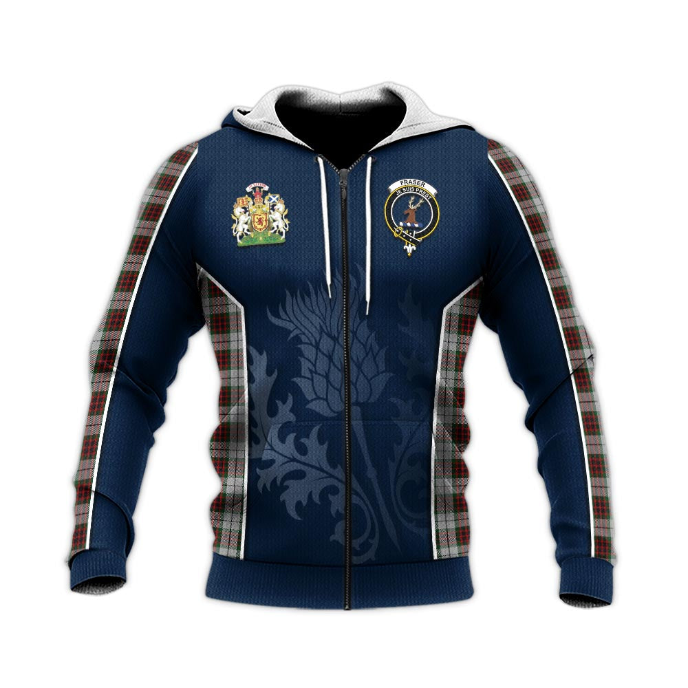 Tartan Vibes Clothing Fraser Dress Tartan Knitted Hoodie with Family Crest and Scottish Thistle Vibes Sport Style