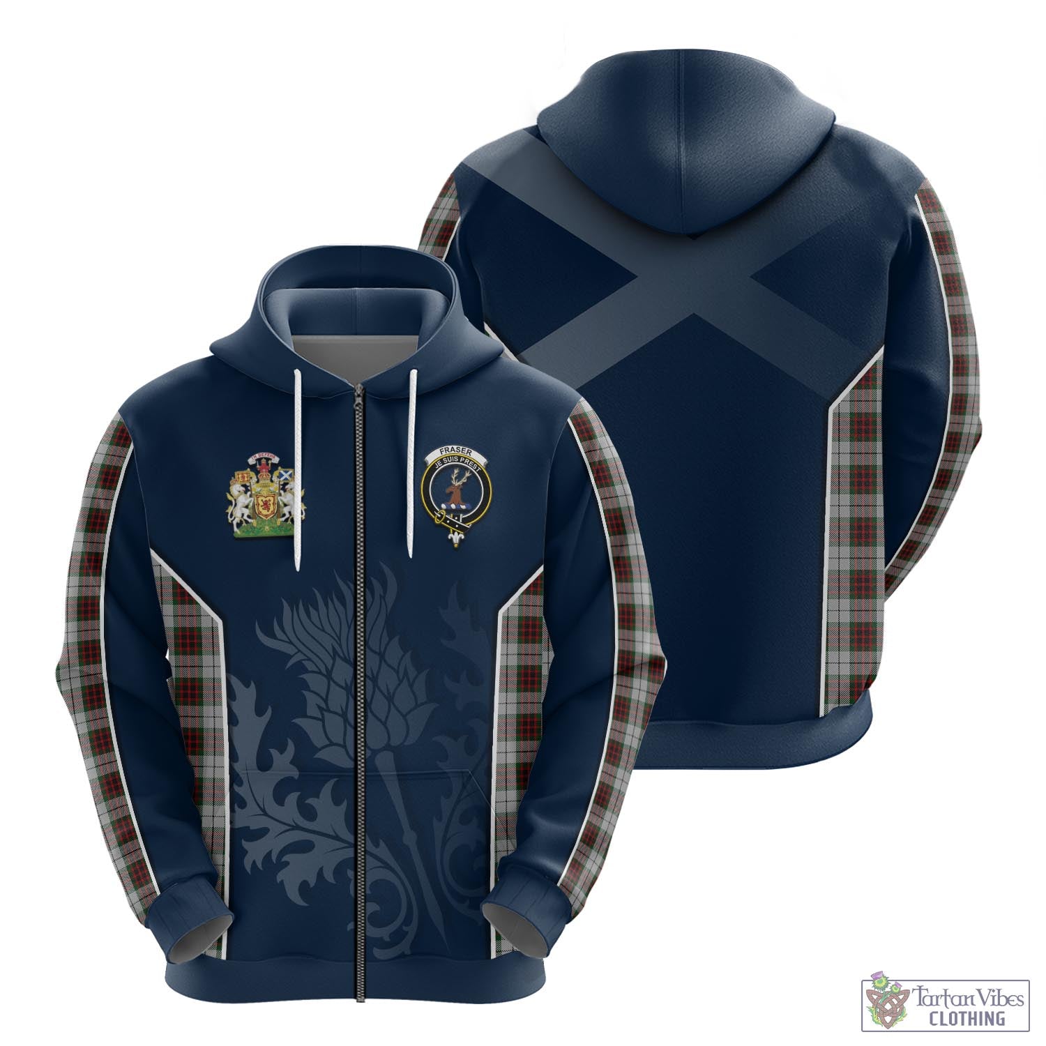 Tartan Vibes Clothing Fraser Dress Tartan Hoodie with Family Crest and Scottish Thistle Vibes Sport Style