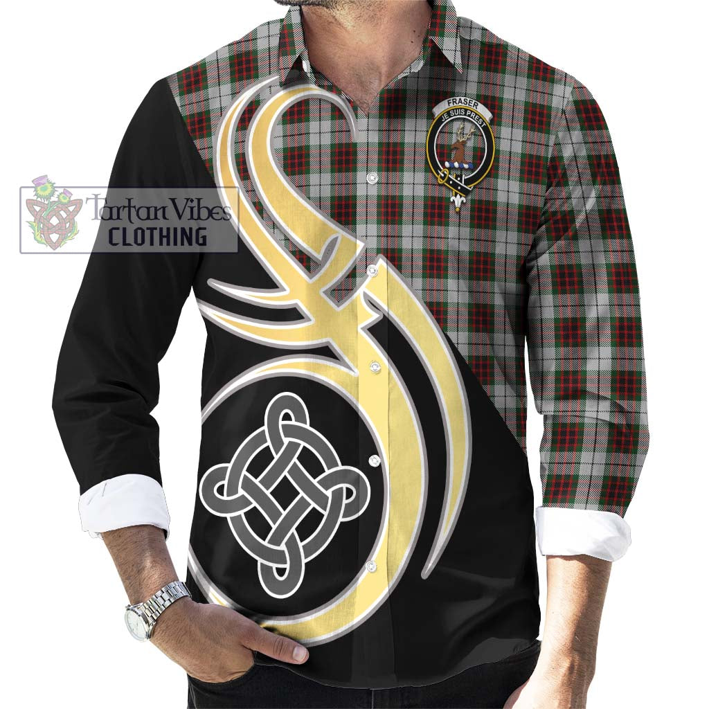 Fraser Dress Tartan Long Sleeve Button Shirt with Family Crest and Celtic Symbol Style - Tartan Vibes Clothing