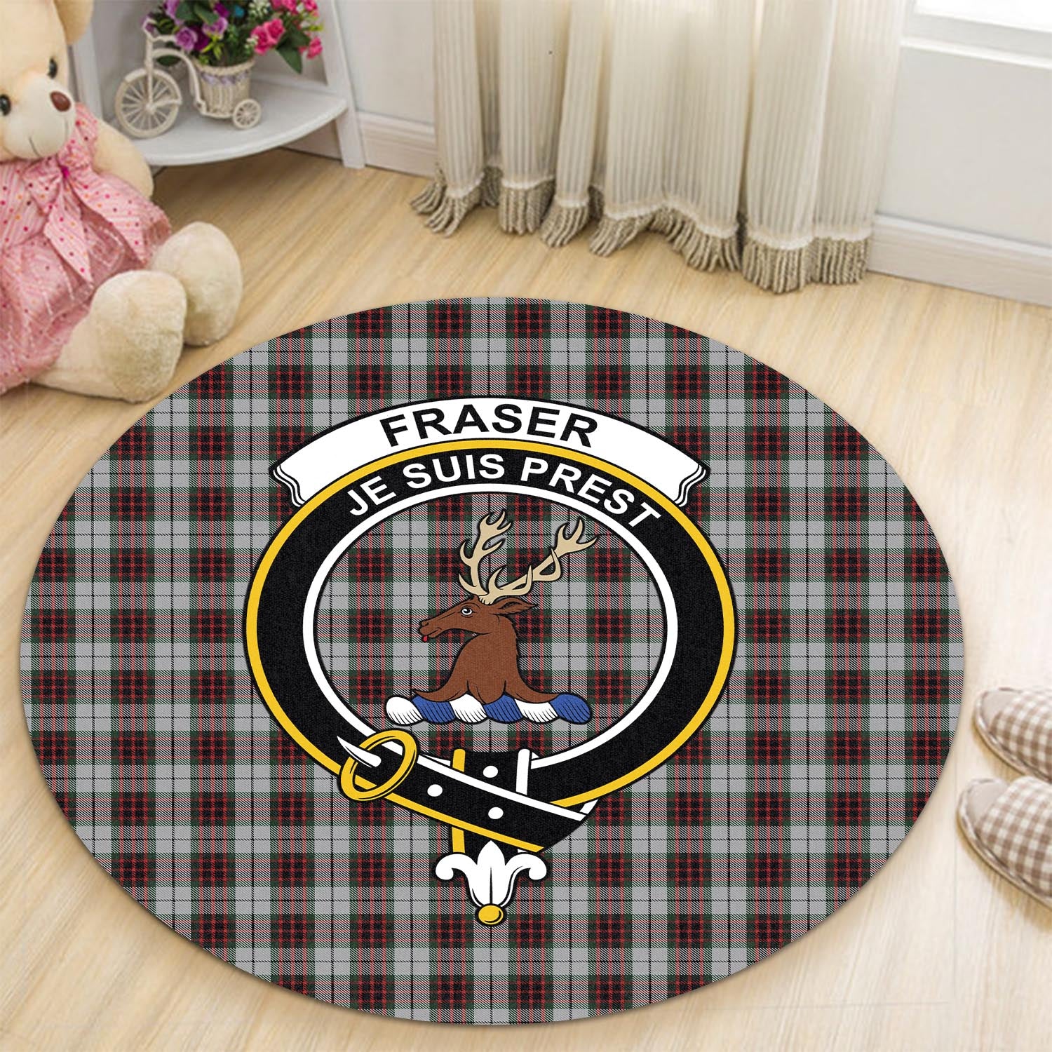 Fraser Dress Tartan Round Rug with Family Crest - Tartanvibesclothing