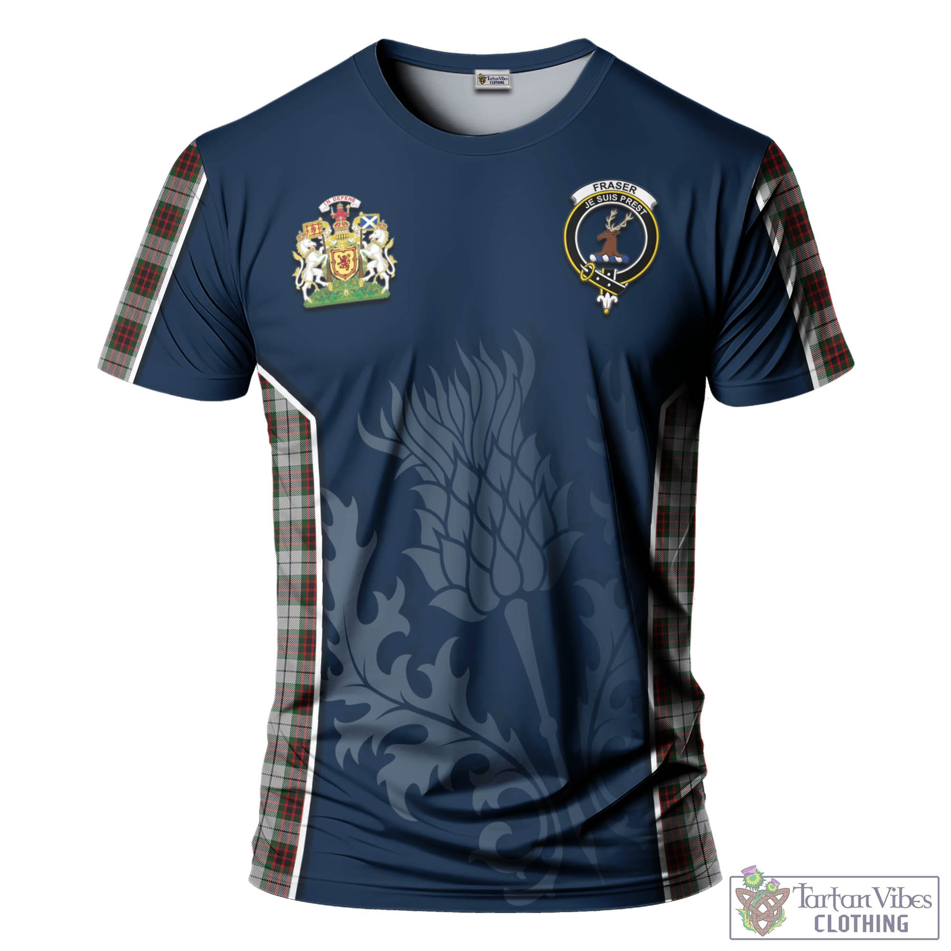 Tartan Vibes Clothing Fraser Dress Tartan T-Shirt with Family Crest and Scottish Thistle Vibes Sport Style