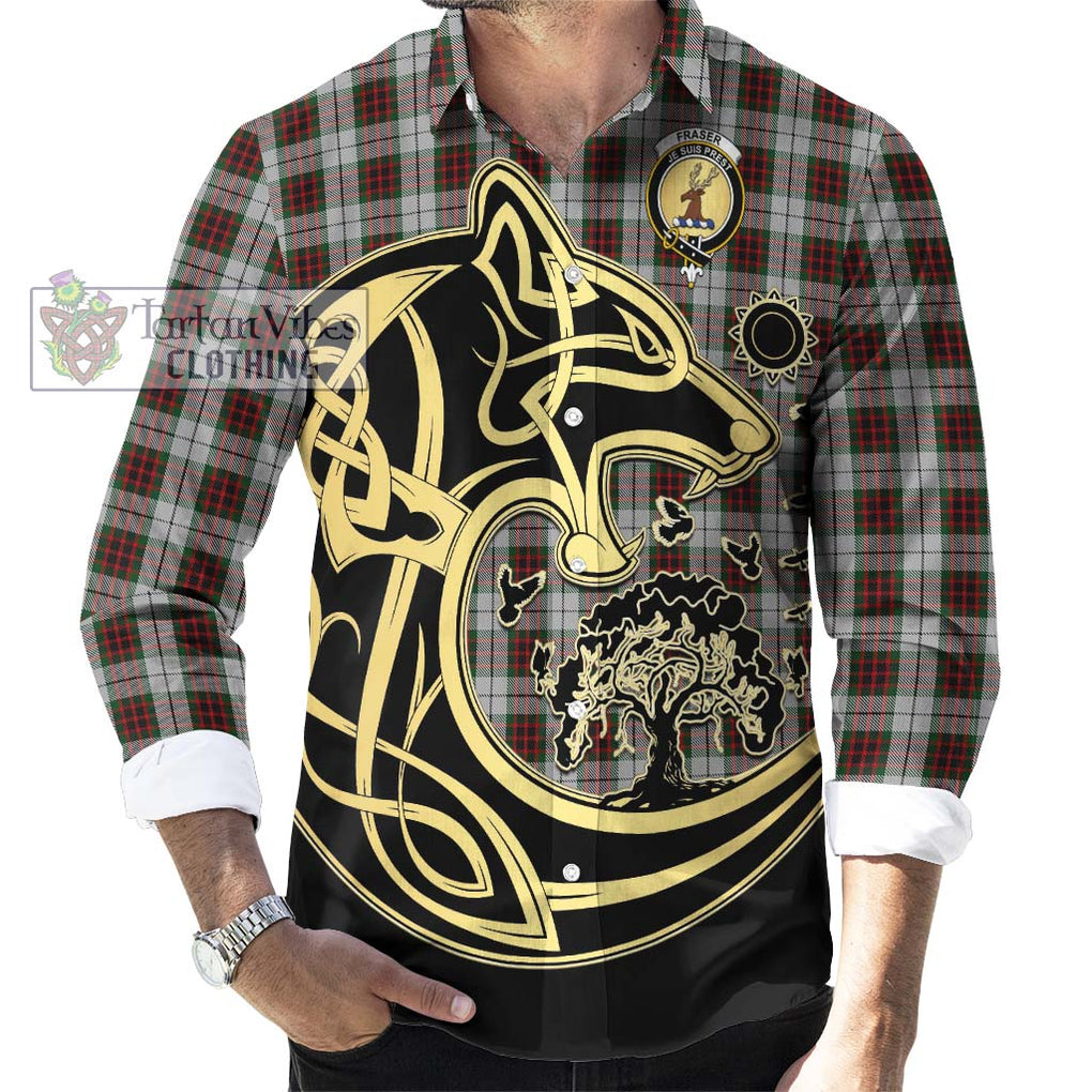 Fraser Dress Tartan Long Sleeve Button Shirt with Family Crest Celtic Wolf Style - Tartan Vibes Clothing