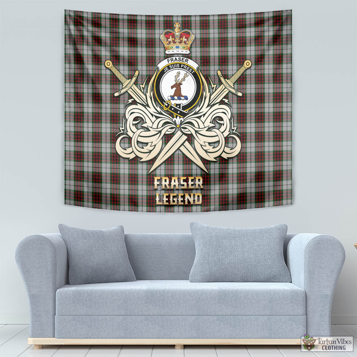 Tartan Vibes Clothing Fraser Dress Tartan Tapestry with Clan Crest and the Golden Sword of Courageous Legacy