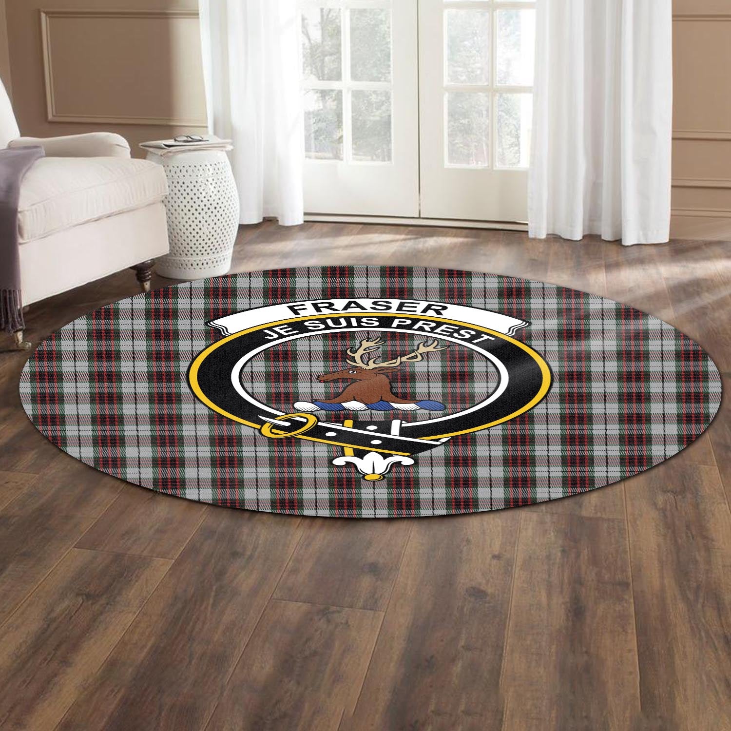 Fraser Dress Tartan Round Rug with Family Crest - Tartanvibesclothing