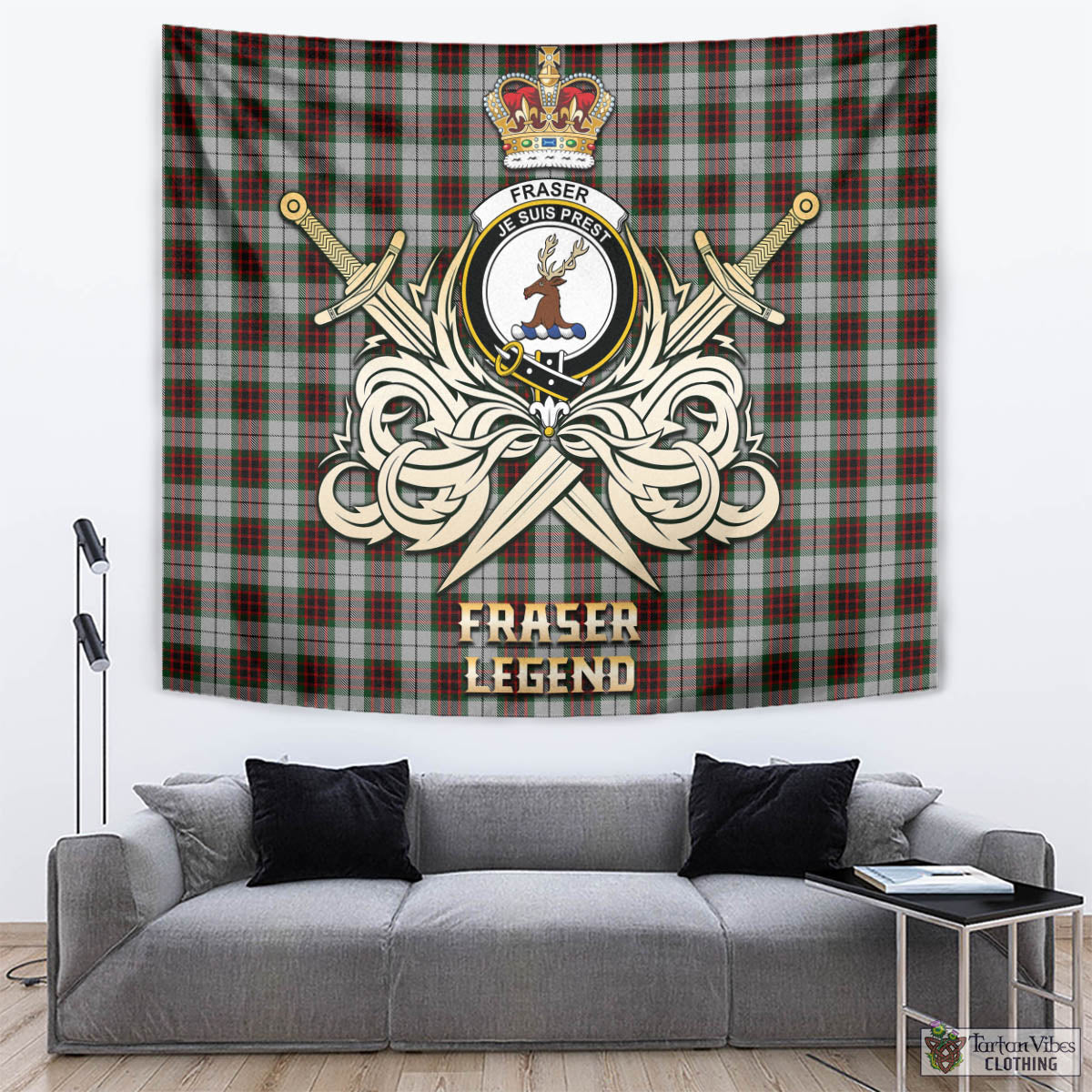 Tartan Vibes Clothing Fraser Dress Tartan Tapestry with Clan Crest and the Golden Sword of Courageous Legacy