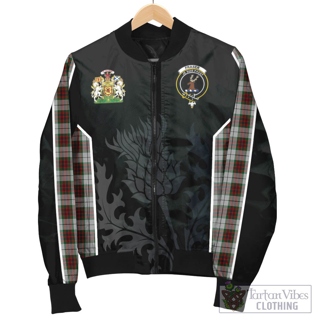 Tartan Vibes Clothing Fraser Dress Tartan Bomber Jacket with Family Crest and Scottish Thistle Vibes Sport Style