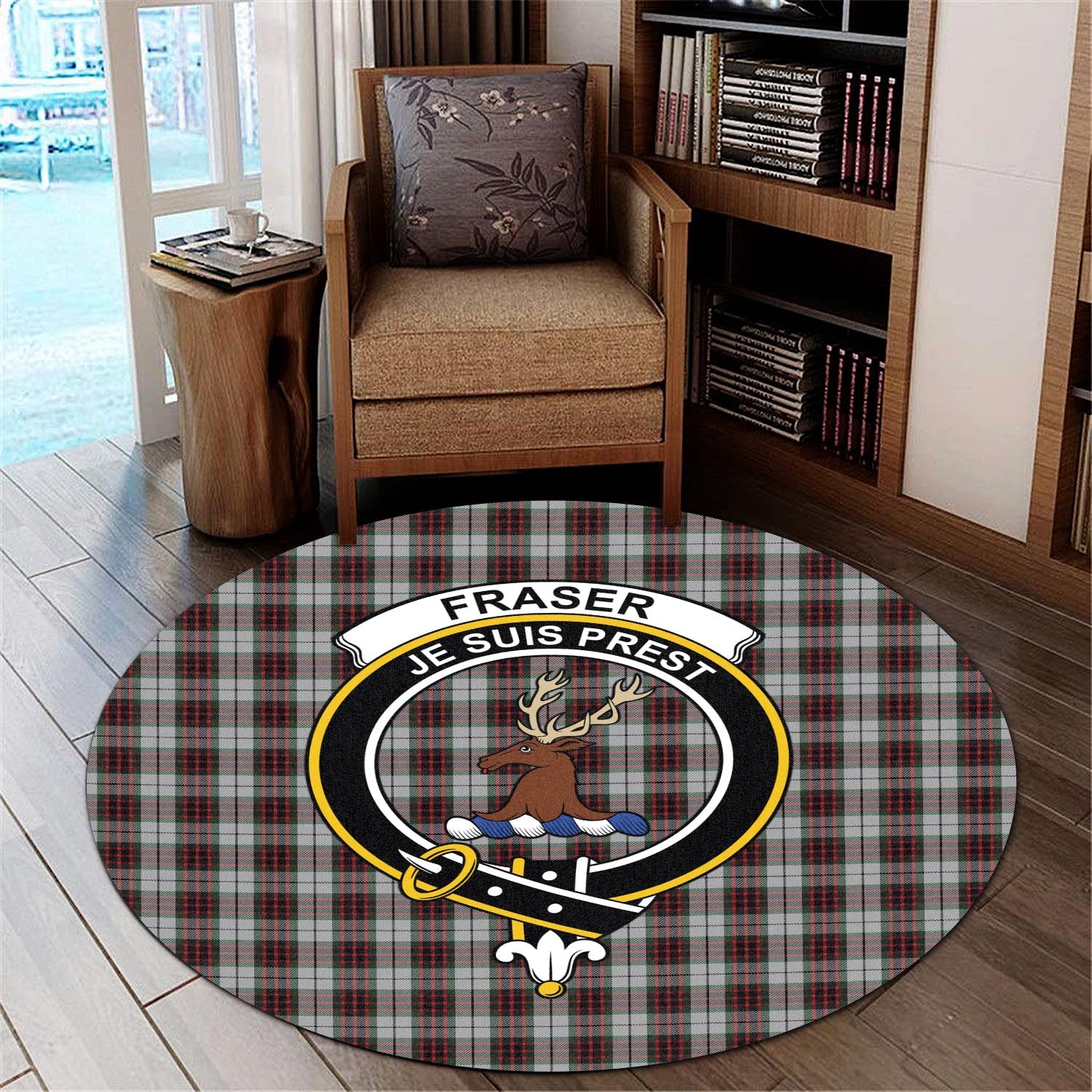 Fraser Dress Tartan Round Rug with Family Crest - Tartanvibesclothing