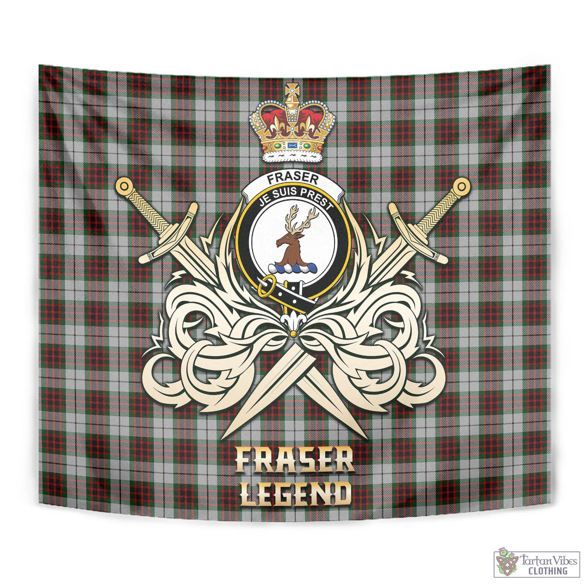 Tartan Vibes Clothing Fraser Dress Tartan Tapestry with Clan Crest and the Golden Sword of Courageous Legacy