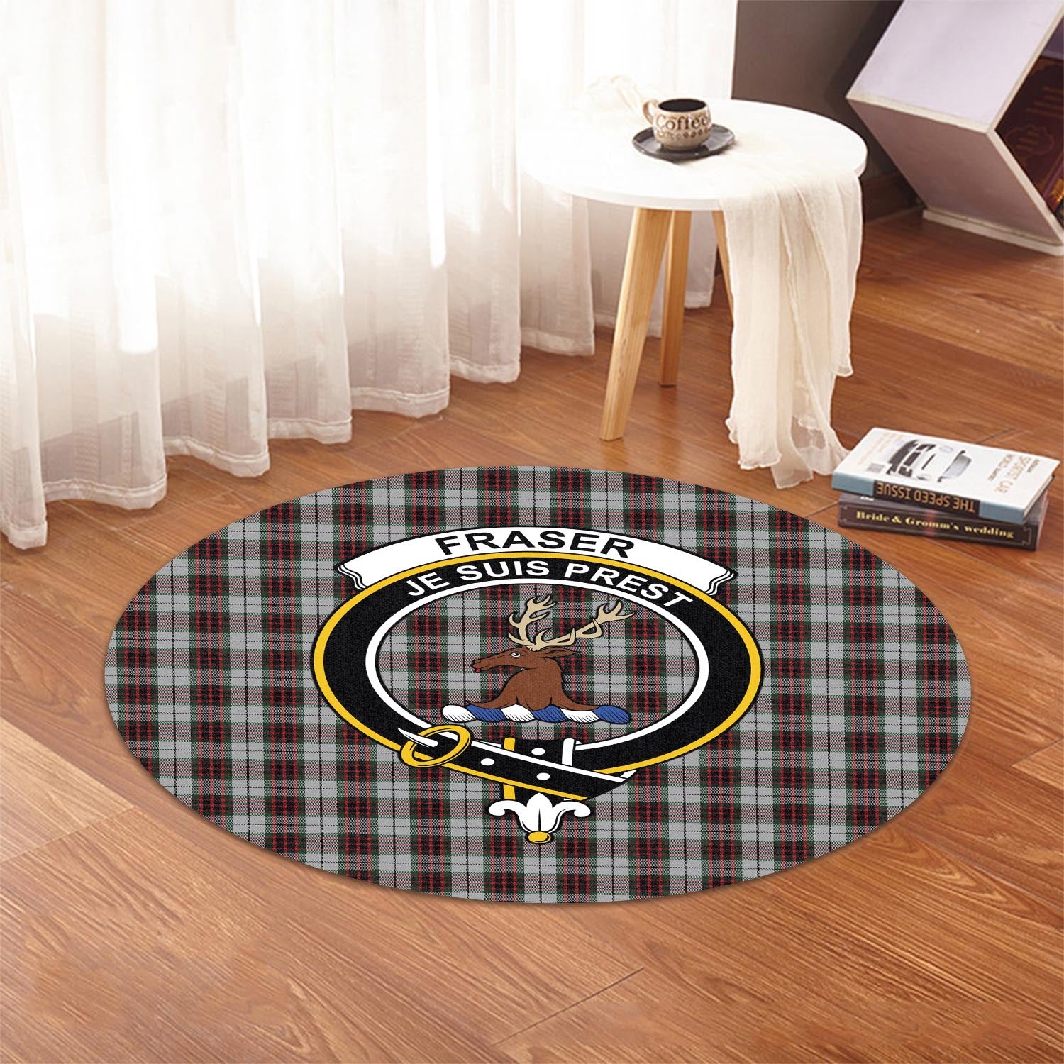 Fraser Dress Tartan Round Rug with Family Crest - Tartanvibesclothing