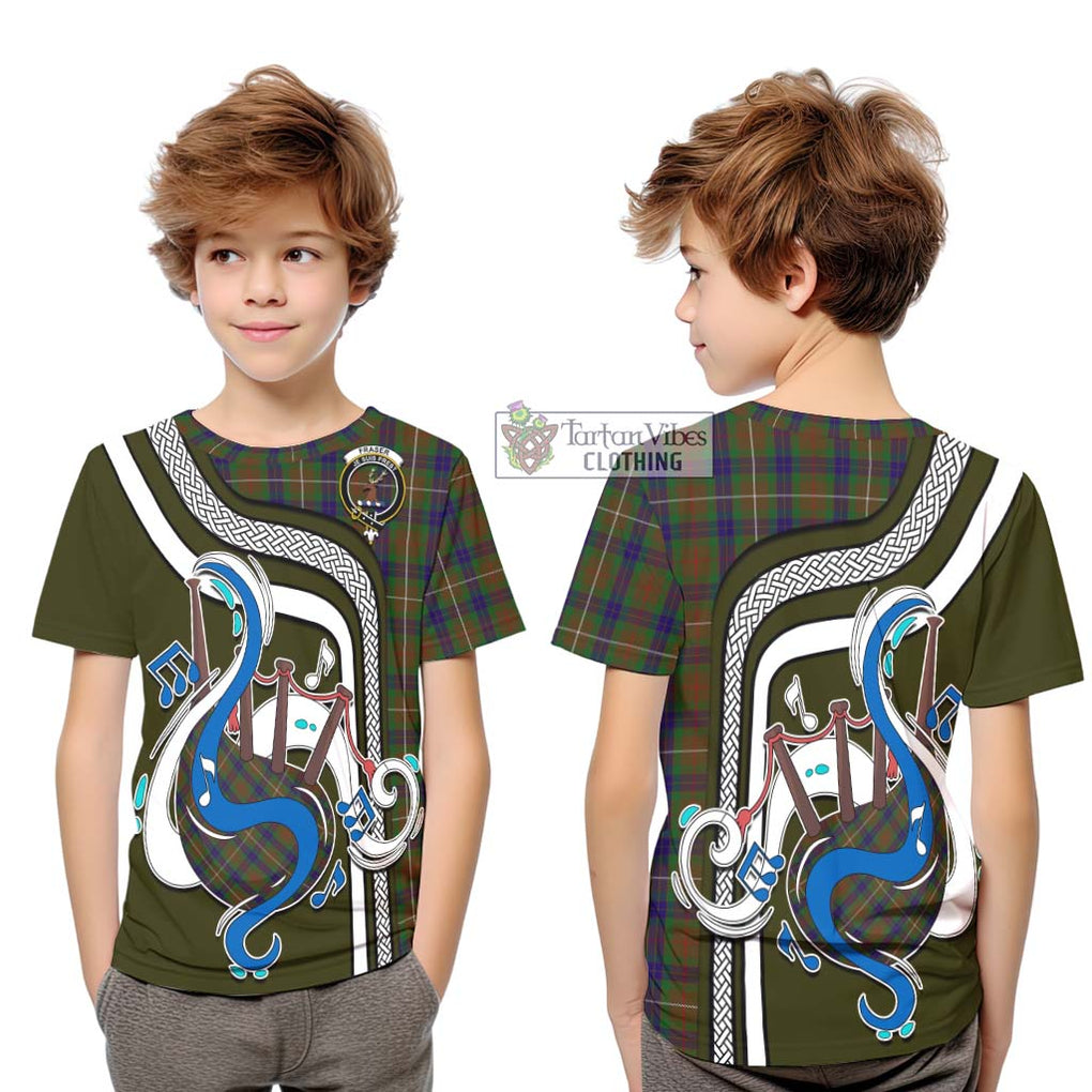 Tartan Vibes Clothing Fraser Hunting Tartan Kid T-Shirt with Epic Bagpipe Style