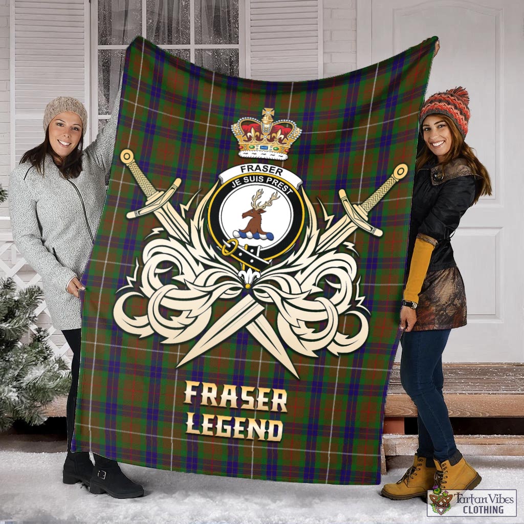 Tartan Vibes Clothing Fraser Hunting Tartan Blanket with Clan Crest and the Golden Sword of Courageous Legacy