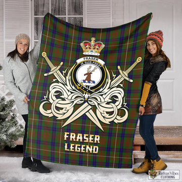 Fraser Hunting Tartan Blanket with Clan Crest and the Golden Sword of Courageous Legacy