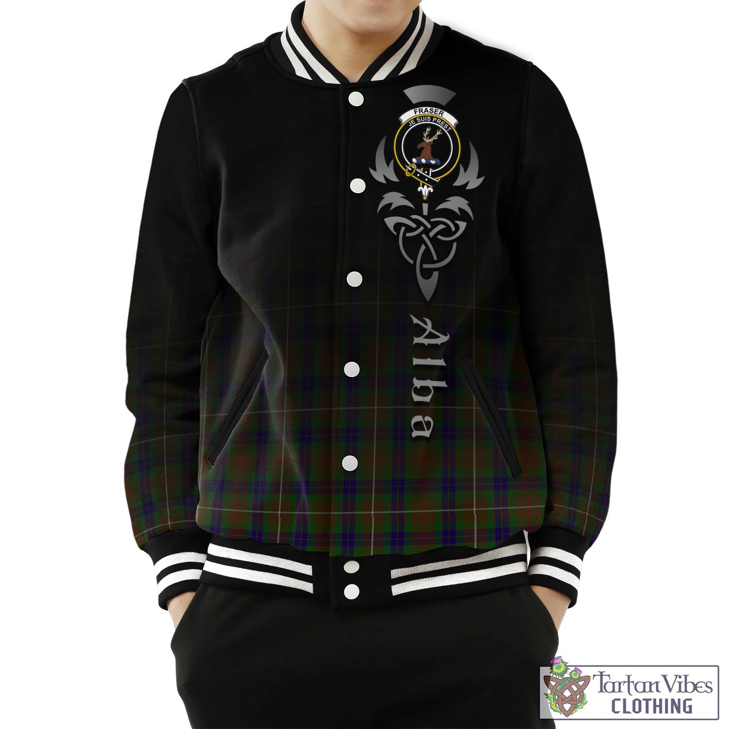 Tartan Vibes Clothing Fraser Hunting Tartan Baseball Jacket Featuring Alba Gu Brath Family Crest Celtic Inspired