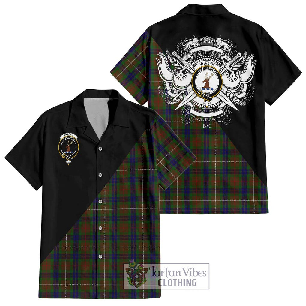 Fraser Hunting Tartan Short Sleeve Button Shirt with Family Crest and Military Logo Style Kid - Tartanvibesclothing Shop