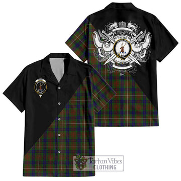 Fraser Hunting Tartan Short Sleeve Button Shirt with Family Crest and Military Logo Style