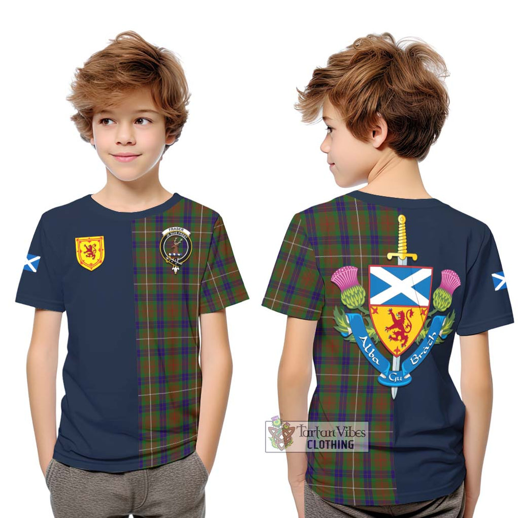 Tartan Vibes Clothing Fraser Hunting Tartan Kid T-Shirt with Scottish Lion Royal Arm Half Style