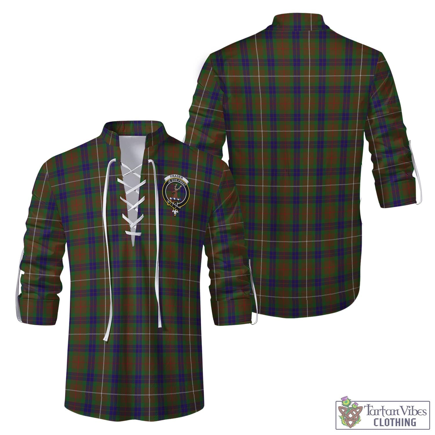 Tartan Vibes Clothing Fraser Hunting Tartan Men's Scottish Traditional Jacobite Ghillie Kilt Shirt with Family Crest