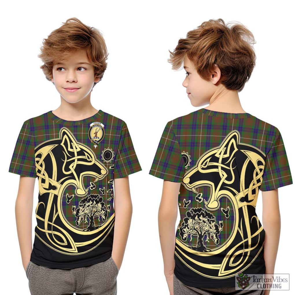 Fraser Hunting Tartan Kid T-Shirt with Family Crest Celtic Wolf Style Youth XL Size14 - Tartan Vibes Clothing