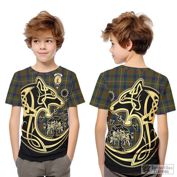 Fraser Hunting Tartan Kid T-Shirt with Family Crest Celtic Wolf Style