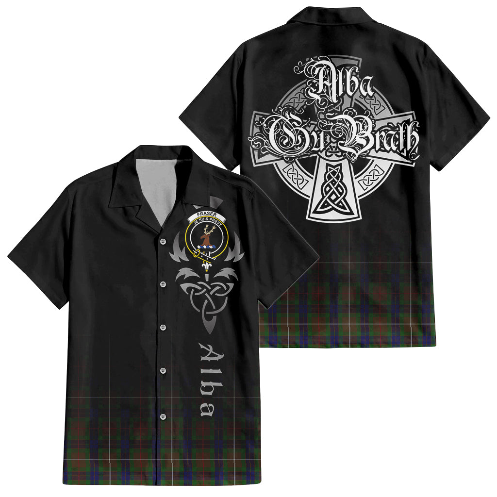 Tartan Vibes Clothing Fraser Hunting Tartan Short Sleeve Button Up Featuring Alba Gu Brath Family Crest Celtic Inspired