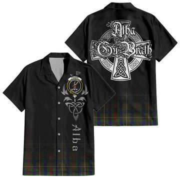 Fraser Hunting Tartan Short Sleeve Button Up Shirt Featuring Alba Gu Brath Family Crest Celtic Inspired