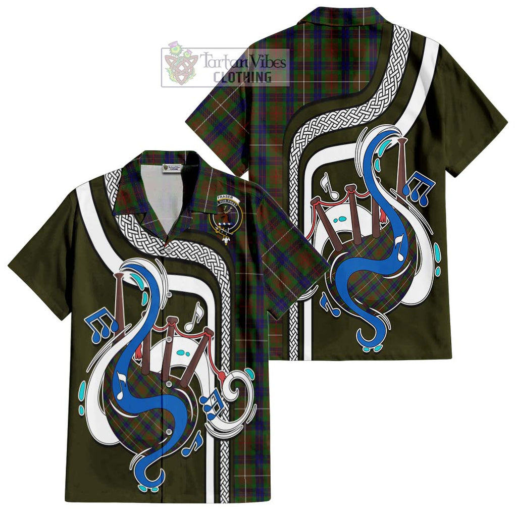 Fraser Hunting Tartan Short Sleeve Button Shirt with Epic Bagpipe Style Kid - Tartanvibesclothing Shop