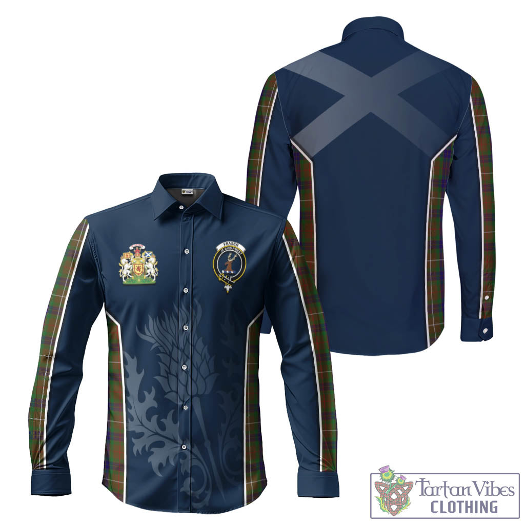 Tartan Vibes Clothing Fraser Hunting Tartan Long Sleeve Button Up Shirt with Family Crest and Scottish Thistle Vibes Sport Style