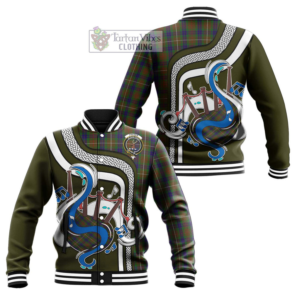 Tartan Vibes Clothing Fraser Hunting Tartan Baseball Jacket with Epic Bagpipe Style