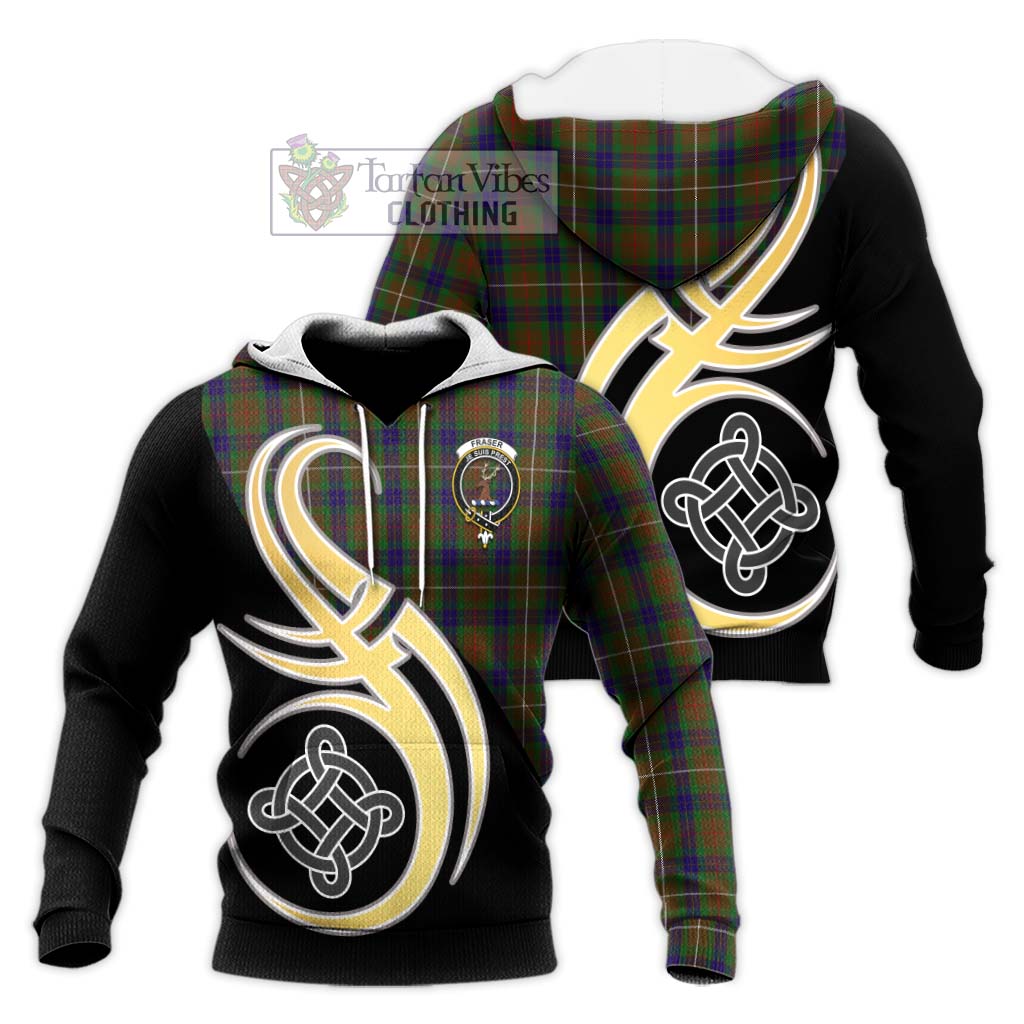 Tartan Vibes Clothing Fraser Hunting Tartan Knitted Hoodie with Family Crest and Celtic Symbol Style