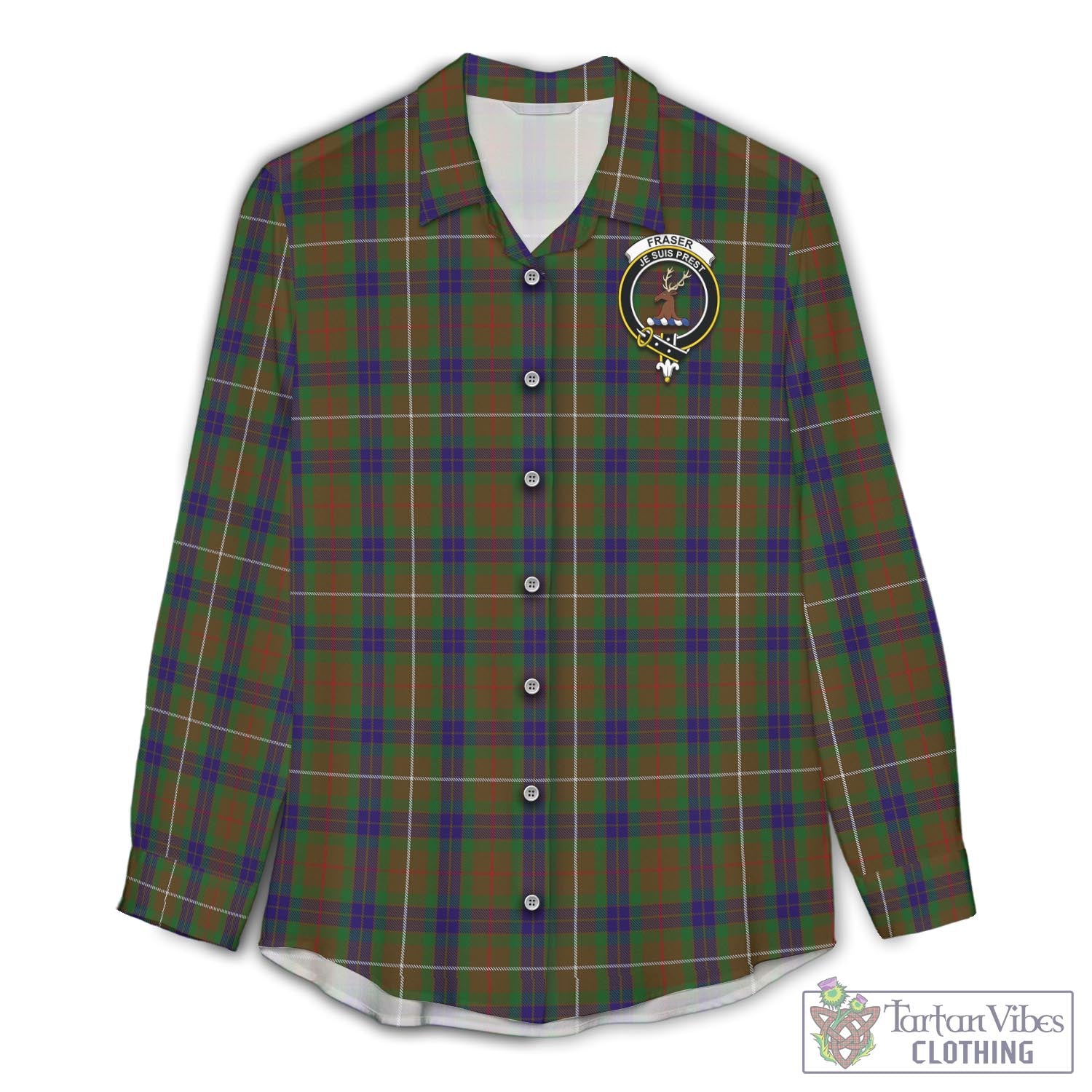 Tartan Vibes Clothing Fraser Hunting Tartan Womens Casual Shirt with Family Crest