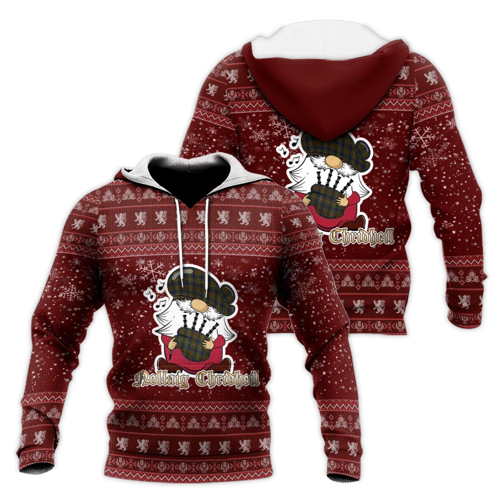 Fraser Hunting Clan Christmas Knitted Hoodie with Funny Gnome Playing Bagpipes Red - Tartanvibesclothing