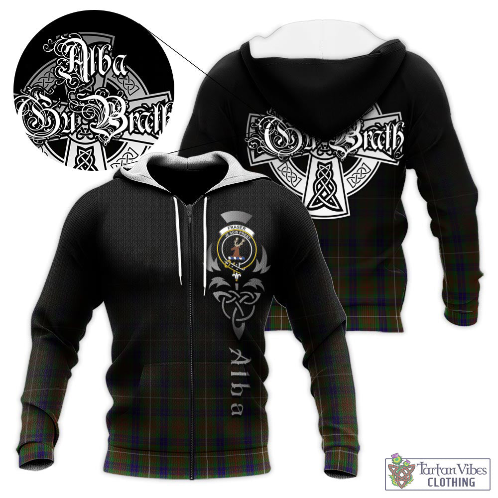 Tartan Vibes Clothing Fraser Hunting Tartan Knitted Hoodie Featuring Alba Gu Brath Family Crest Celtic Inspired