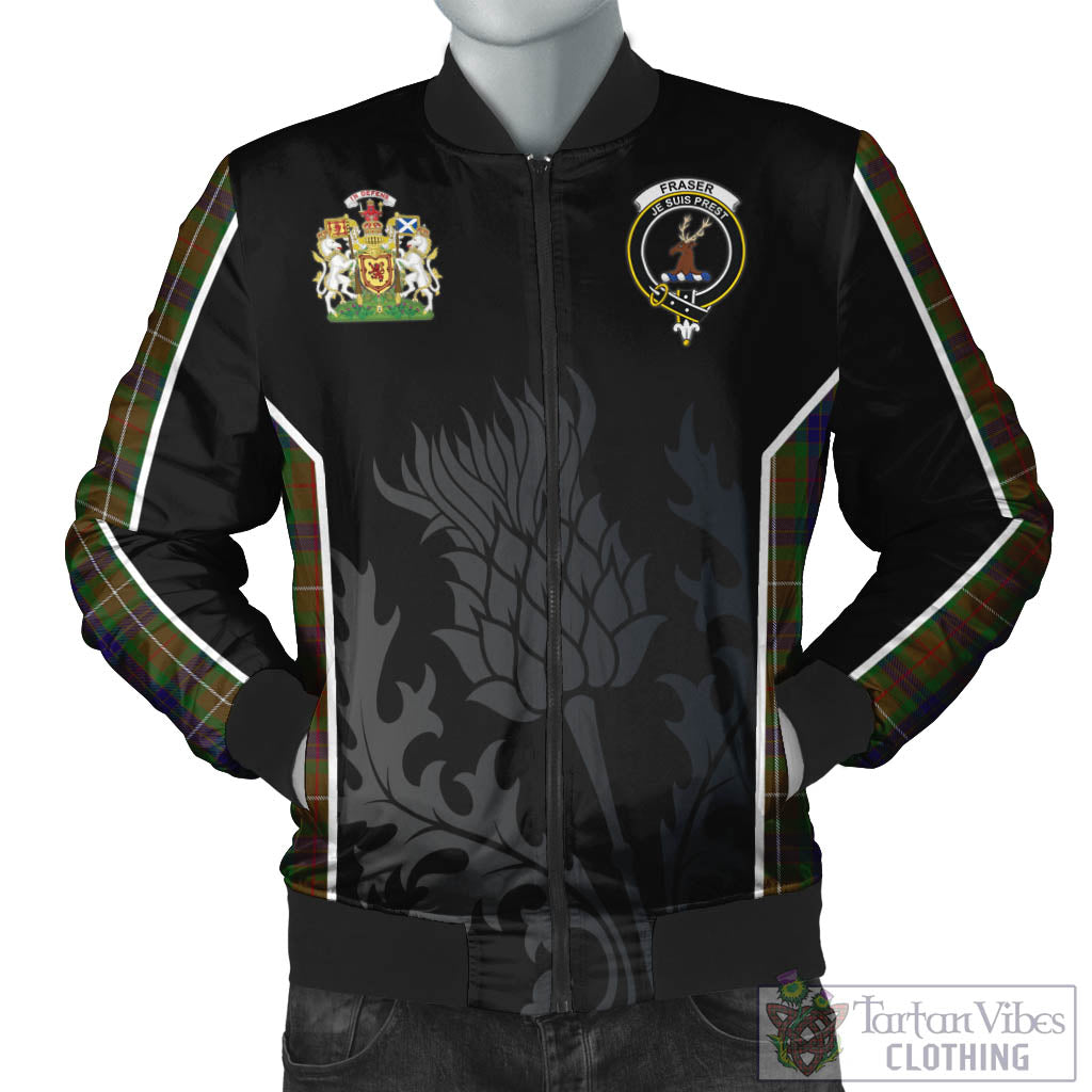 Tartan Vibes Clothing Fraser Hunting Tartan Bomber Jacket with Family Crest and Scottish Thistle Vibes Sport Style