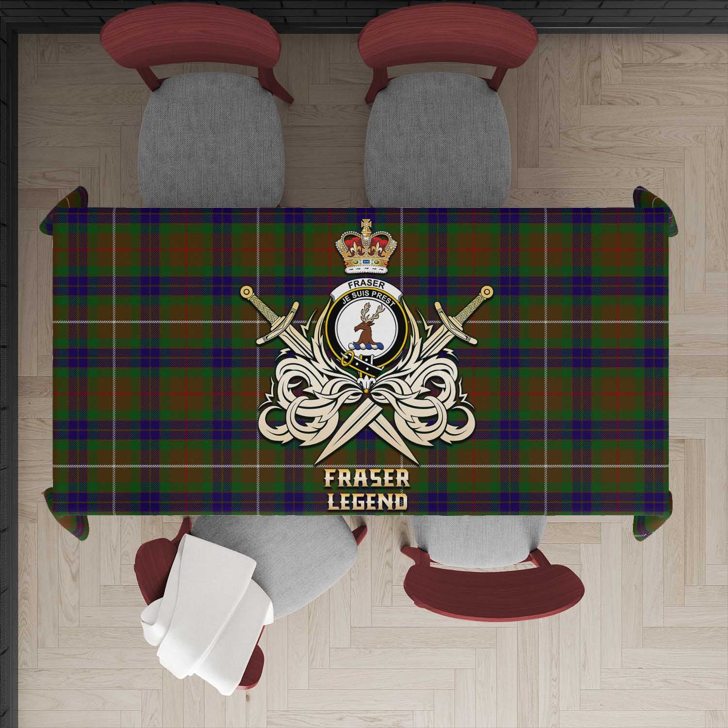 Tartan Vibes Clothing Fraser Hunting Tartan Tablecloth with Clan Crest and the Golden Sword of Courageous Legacy